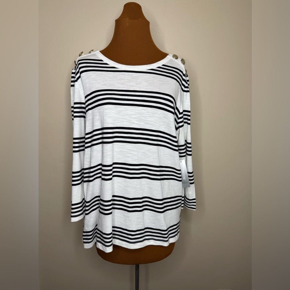 NWT Chico's Black and White Striped 3/4 Sleeve Top Button Detail Size Large